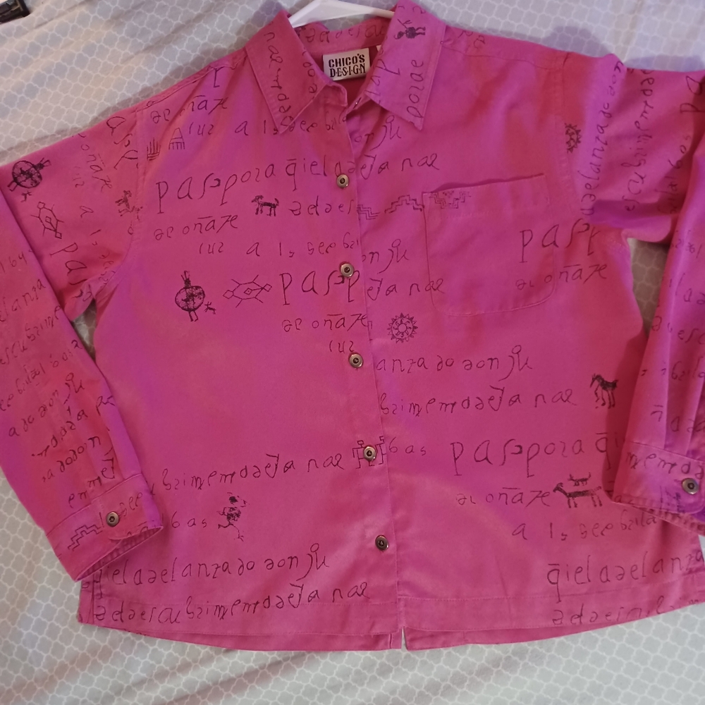 Chicos Design Shirt Womens 2 US L Red Silk Linen Button Up Wearable Art Vintage